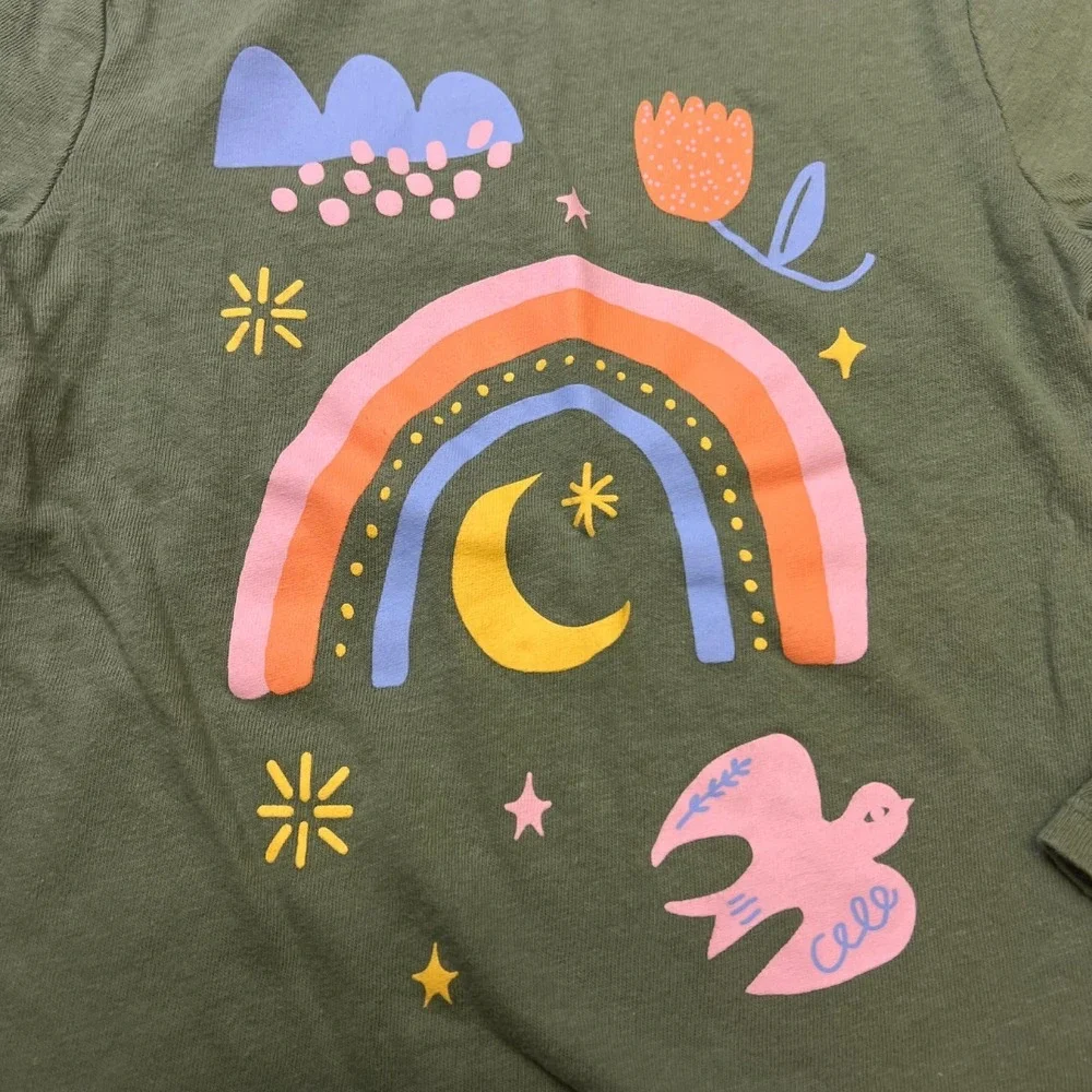 Old Navy Girls Long Sleeve‎ Tee 4T Rainbow Bird Graphic Olive Green Cotton